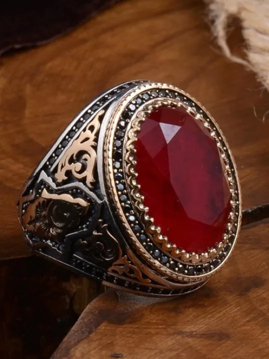 Kırmızı Zirkon Taşlı Yanı Selçuklu Arma ve Hilal Yıldız İşlemeli Erkek Gümüş Yüzük