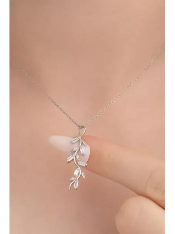Baget Taşlı Yaprak Model Kadın Gümüş Kolye Gklyprkmdl5-ros