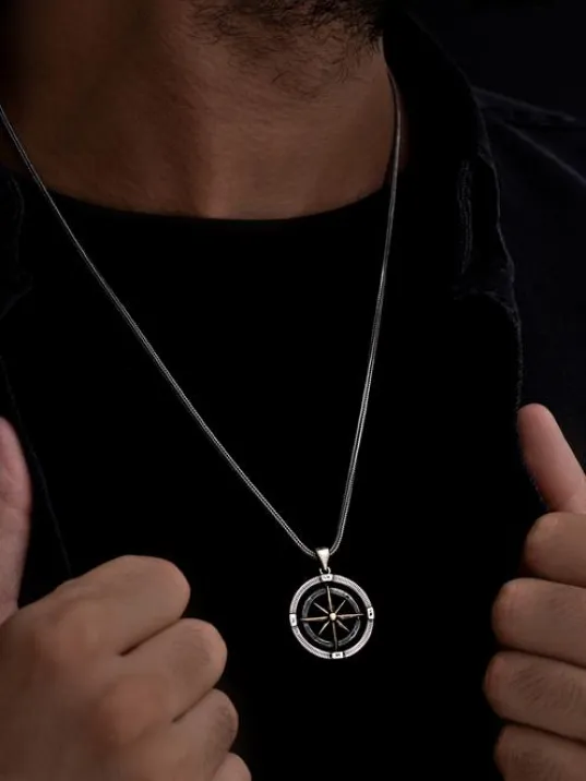 Pusula Motif Erkek 925 Ayar Gümüş Kolye Zincir Gklpusula01-byz
