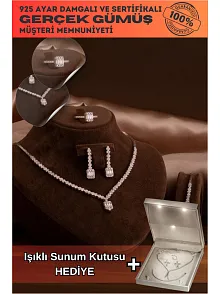 Kadın Gümüş Takı Seti - Diana Baget Taşlı Kare Kolye, Bileklik, Yüzük, Küpe Tam Set Işıklı Kutuda
