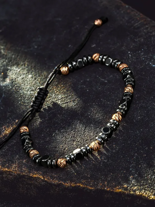 Kadın Erkek Gümüş Bileklik - Hematit Taşlı Gümüş Detaylı İnce Kibar Erkek Kadın Bileklik