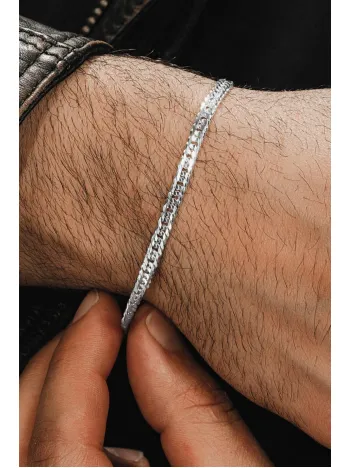 Erkek Gümüş Bileklik - Oluklu Nano Model Erkek Bileklik 3 Bakla 60 Mikron