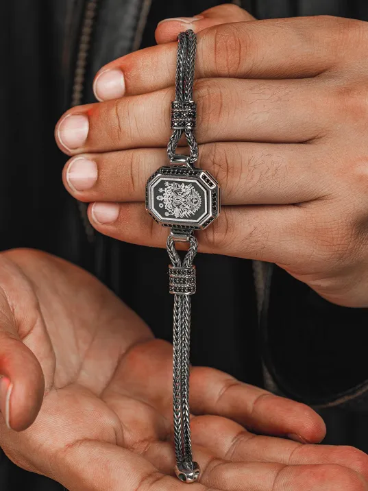 Erkek Gümüş Bileklik -Osmanlı Arması İşlemeli Tilkikuyruğu Zincirli 925 Ayar Erkek Bileklik