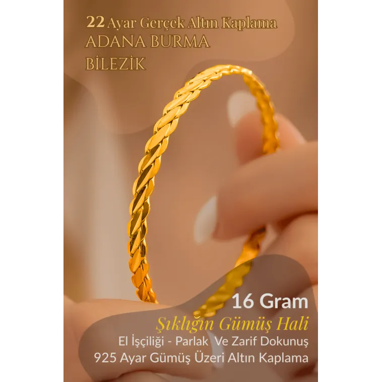 Kadın Gümüş Bileklik - Adana Burma 16 gr 22 Ayar Altın Kaplama Gümüş Bilezik