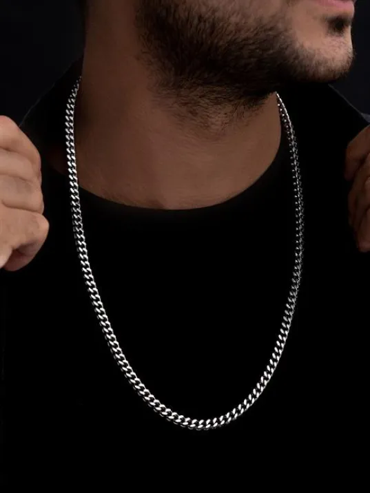 Erkek Kolye - Kare Kesim Model Erkek Çelik Kolye - Gümüş Renk - 5 Mm Kalınlık - Paslanmaz Çelik