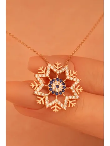 Zirkon Taşlı Nazarlıklı Kar Tanesi Model Kadın Gümüş Kolye GKLKRTNSIM1-ROS