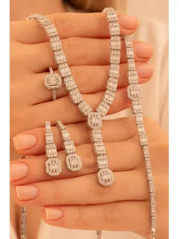 Kadın Gümüş Takı Seti - Perihan Baget Taşlı Zirkon Süslemeli Kolye, Bileklik, Yüzük, Küpe Tam Set