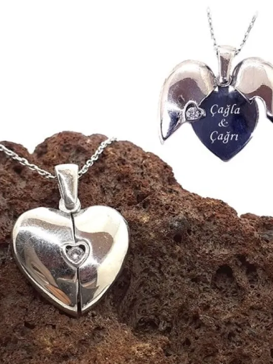 Gizli İsimli Kalp Model Bayan Gümüş Kolye