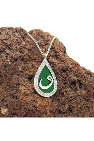 Zirkon Taşlı Damla Model Vav Harfi Bayan Gümüş Kolye