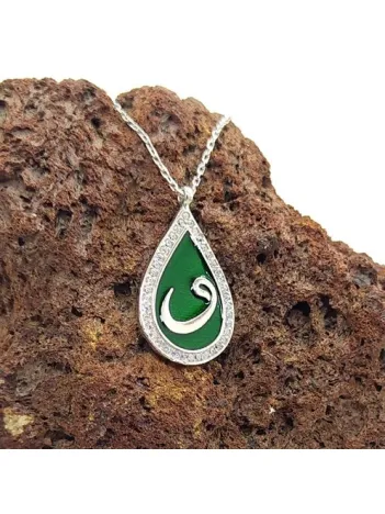 Zirkon Taşlı Damla Model Vav Harfi Bayan Gümüş Kolye