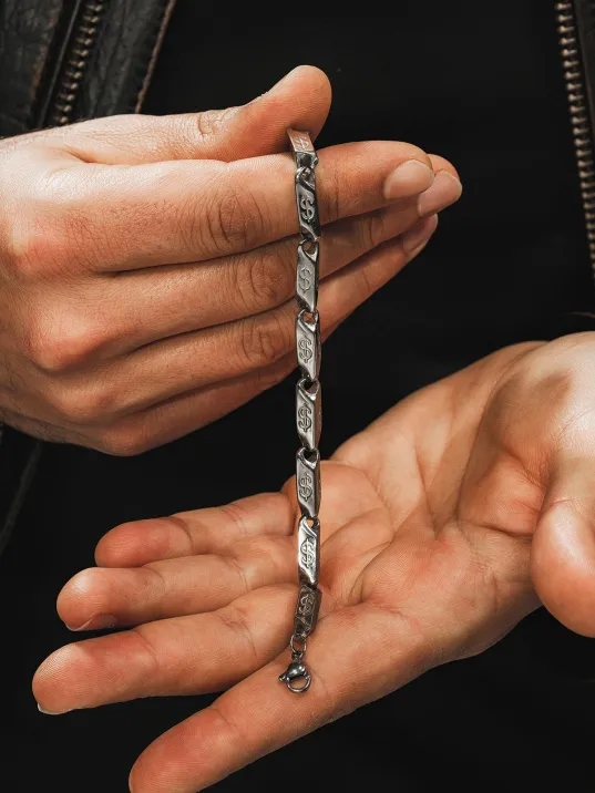 Erkek Çelik Bileklik - Dolar Motifli Orta Kalınlıkta Çelik Bileklik