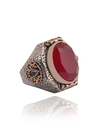 Yakut Garnet Taşlı Yanı Zirkon Taşlı İşlemeli Erkek Gümüş Yüzük