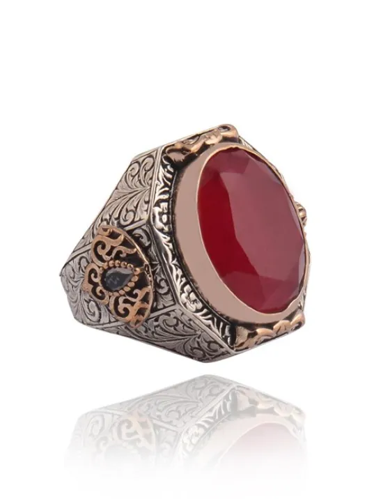 Yakut Garnet Taşlı Yanı Zirkon Taşlı İşlemeli Erkek Gümüş Yüzük