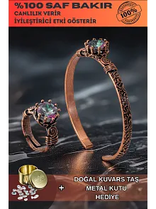 Kadın Bakır Bileklik Yüzük Set - Mistik Topaz Ağaç Kabuğu Model İnce Metal Kutu Kuvars Taşlı Set