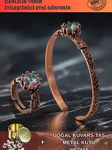 Kadın Bakır Bileklik Yüzük Set - Mistik Topaz Ağaç Kabuğu Model İnce Metal Kutu Kuvars Taşlı Set
