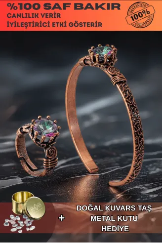 Kadın Bakır Bileklik Yüzük Set - Mistik Topaz Ağaç Kabuğu Model İnce Metal Kutu Kuvars Taşlı Set