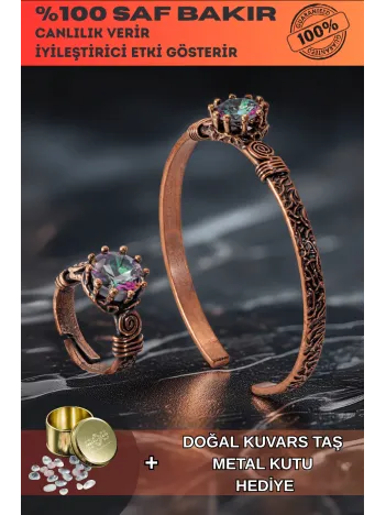Kadın Bakır Bileklik Yüzük Set - Mistik Topaz Ağaç Kabuğu Model İnce Metal Kutu Kuvars Taşlı Set