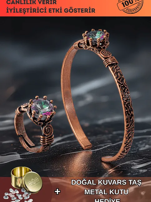 Kadın Bakır Bileklik Yüzük Set - Mistik Topaz Ağaç Kabuğu Model İnce Metal Kutu Kuvars Taşlı Set