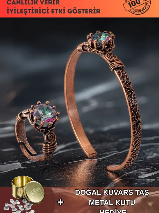 Kadın Bakır Bileklik Yüzük Set - Mistik Topaz Ağaç Kabuğu Model İnce Metal Kutu Kuvars Taşlı Set Kadın Bakır Bileklik Yüzük Set - Mistik Topaz Ağaç Kabuğu Model İnce Metal Kutu Kuvars Taşlı Set