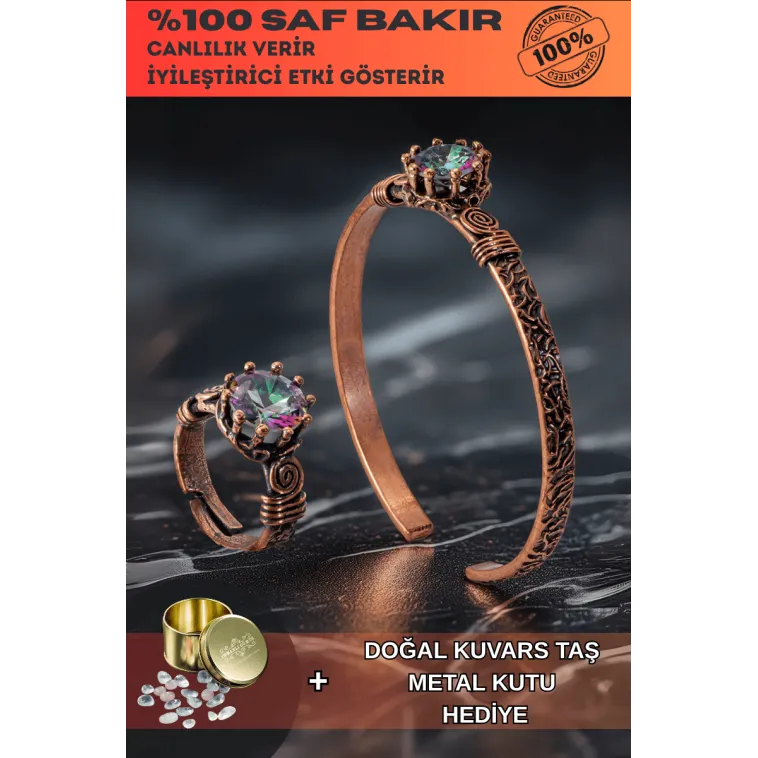 Kadın Bakır Bileklik Yüzük Set - Mistik Topaz Ağaç Kabuğu Model İnce Metal Kutu Kuvars Taşlı Set Kadın Bakır Bileklik Yüzük Set - Mistik Topaz Ağaç Kabuğu Model İnce Metal Kutu Kuvars Taşlı Set