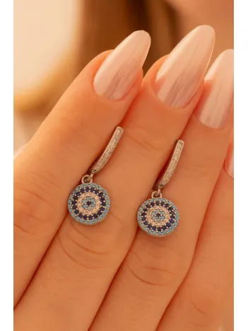 Kadın Gümüş Küpe - Yuvarlak Model Nazar Boncuğu Motifli Kadın Küpe