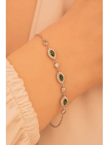 Kadın Gümüş Bileklik - Pera Zümrüt Mekik Taşlı 925 Ayar Gümüş Bileklik
