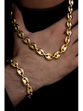 Erkek Çelik Bileklik Kolye Set - Altın Kaplama Gemici Model Çelik Bileklik Kolye Set