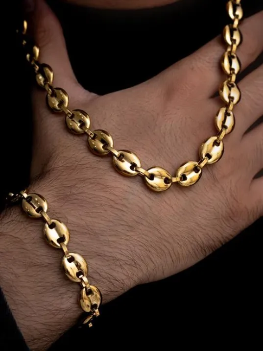 Erkek Çelik Bileklik Kolye Set - Altın Kaplama Gemici Model Çelik Bileklik Kolye Set