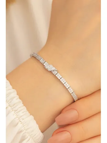 Kadın Gümüş Bileklik - 925 Ayar Zirkon Taşlı Petra Gümüş Kadın Bileklik