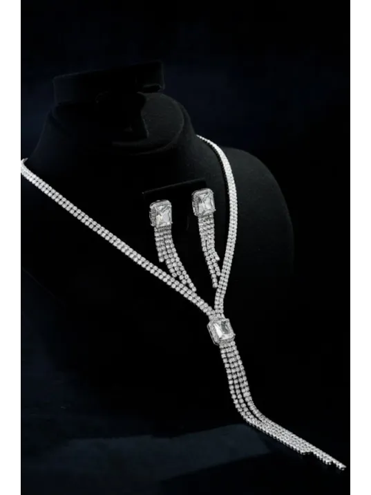 Kadın Bijuteri Kolye Küpe Set - Valeria Model Baget Ve Zirkon Taşlı Zarif Su Yolu Set