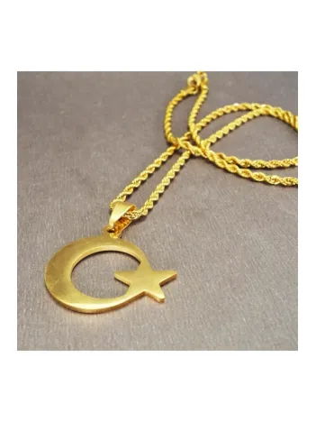 Altın Rengi Ayyıldız Bayrak Erkek Çelik Kolye Zincir