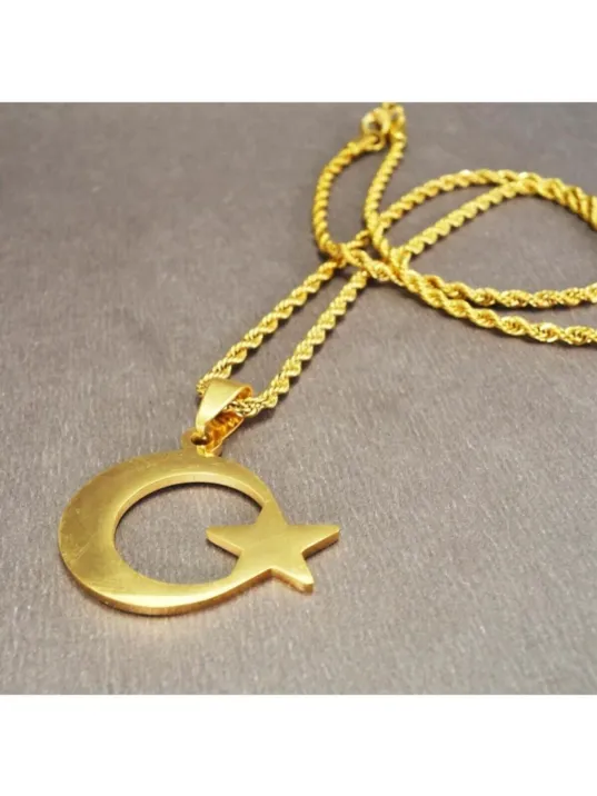 Altın Rengi Ayyıldız Bayrak Erkek Çelik Kolye Zincir
