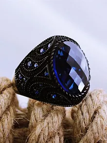 Lacivert Safir Kristal Kesim Mikro Taşlı Özel Seri Erkek Gümüş Yüzük