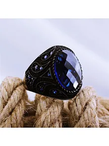 Lacivert Safir Kristal Kesim Mikro Taşlı Özel Seri Erkek Gümüş Yüzük