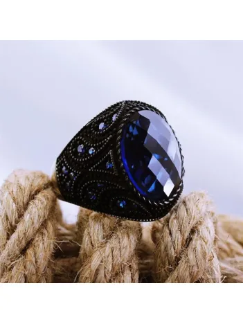 Lacivert Safir Kristal Kesim Mikro Taşlı Özel Seri Erkek Gümüş Yüzük