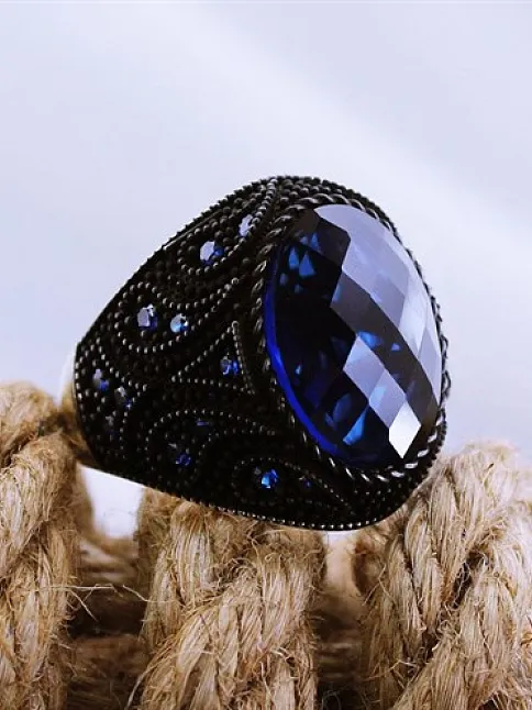 Lacivert Safir Kristal Kesim Mikro Taşlı Özel Seri Erkek Gümüş Yüzük