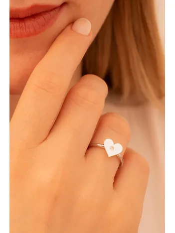 Kadın Gümüş Yüzük - El İşçiliği Kalp Motifli Zirkon Taşlı Kadın Yüzük