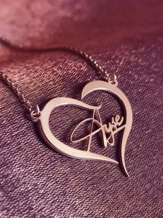 Kişiye Özel Kalp İçinde İmza İsim Yazılan Rose Renk Bayan Gümüş Kolye Zincir GKLROSISIMY