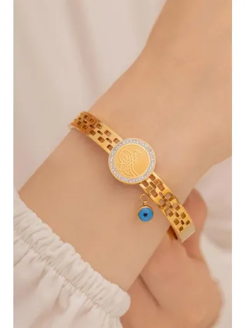 Kadın Bileklik-22 Ayar Gerçek Altın Kaplama(kararmaz) Çelik Kadın Kelepçe-Boncuklu Tuğra İşlemeli