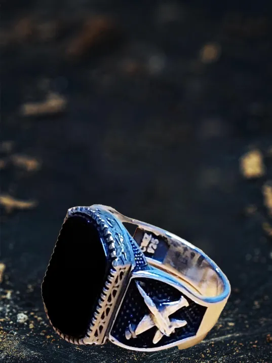 Erkek Gümüş Yüzük - Oniks Taşlı Yanı Uçak Motifli Ayna Model Erkek Yüzük