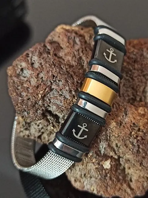 Siyah Çift Çapa Logo Kemer Modeli Erkek Çelik Bileklik CBLCIFTCAPA-BYZ