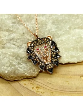 Aslan Başlı Renkli Zirkon Taşlı Bayan Gümüş Kolye GKLASLANBAS-ROS