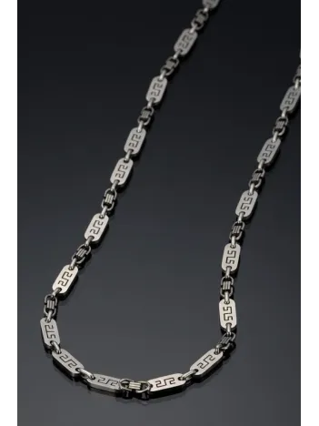 Erkek Çelik Kolye - Gümüş Renkli Grek Desenli Kral Zincir Model Kalın Tasarım