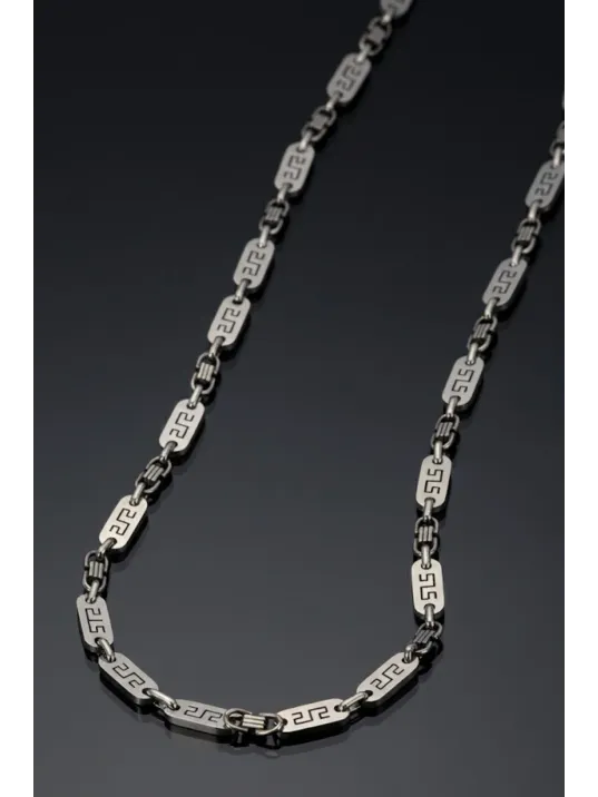 Erkek Çelik Kolye - Gümüş Renkli Grek Desenli Kral Zincir Model Kalın Tasarım