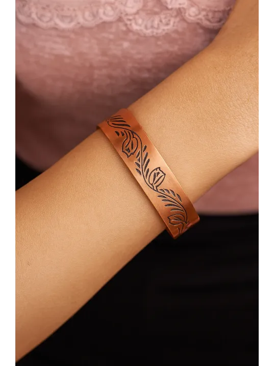 Kadın Bakır Bileklik - Lale Model Kadın Bakır Kelepçe Bilezik Metal Kutu ve Doğal Taşlar