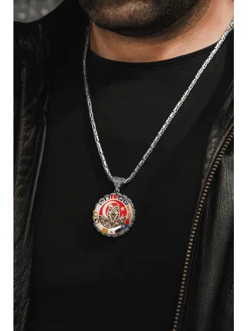 Erkek Gümüş Kolye - 16 Türk Devleti Bayrakları İşlemeli Bozkurt Kral Zincirli Erkek Kolye