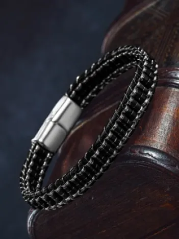 Erkek Kadın Siyah Hematit Taşı Deri Kordon Doğal Taş Bileklik