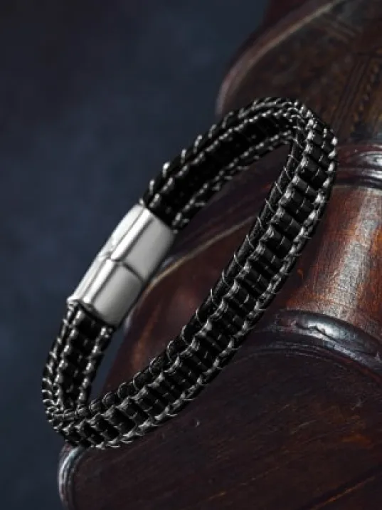 Erkek Kadın Siyah Hematit Taşı Deri Kordon Doğal Taş Bileklik