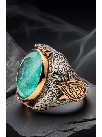 Erkek Turkuaz Zirkon Taşlı Yanı Lale Motifli 925 Ayar Gümüş Yüzük