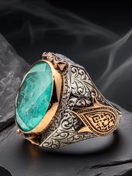 Erkek Turkuaz Zirkon Taşlı Yanı Lale Motifli 925 Ayar Gümüş Yüzük